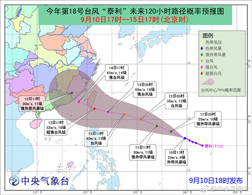 9月10日臺(tái)風(fēng)“泰利”走向